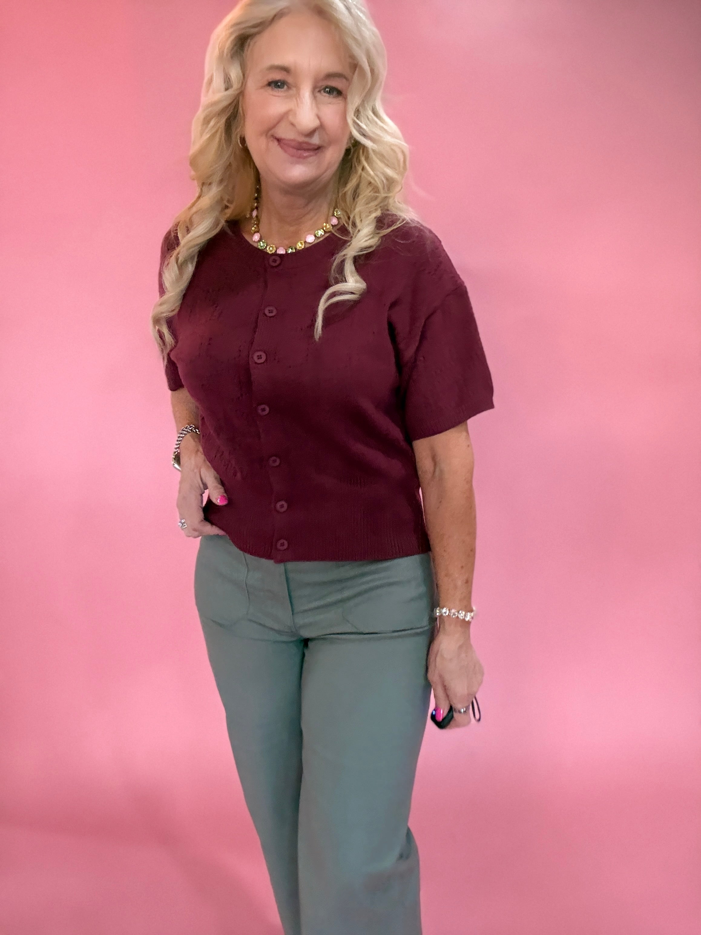 Pointelle Button Front Cardigan Sweater in Berry