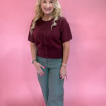 Pointelle Button Front Cardigan Sweater in Berry