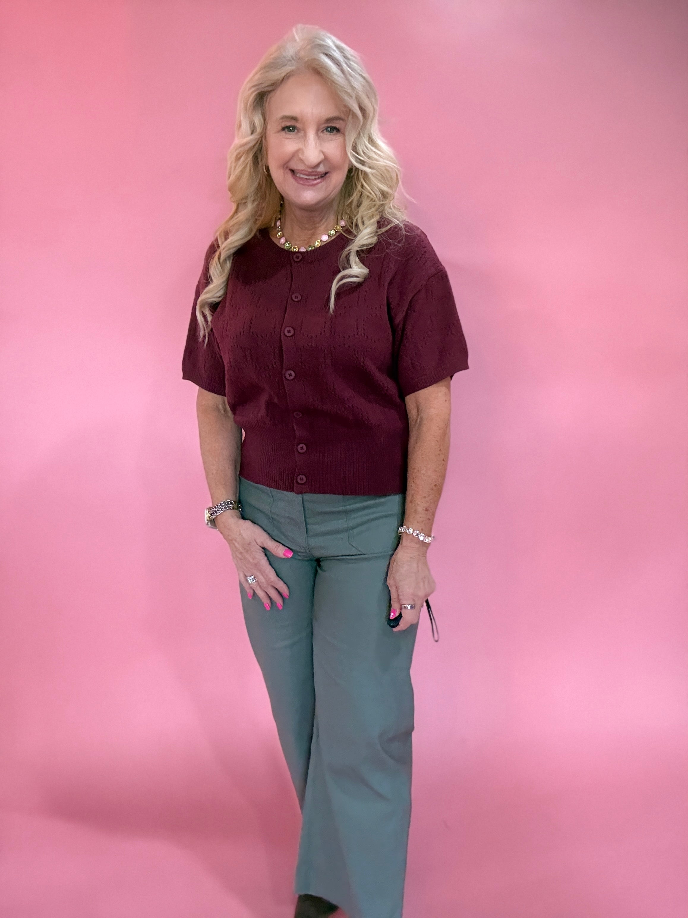 Pointelle Button Front Cardigan Sweater in Berry