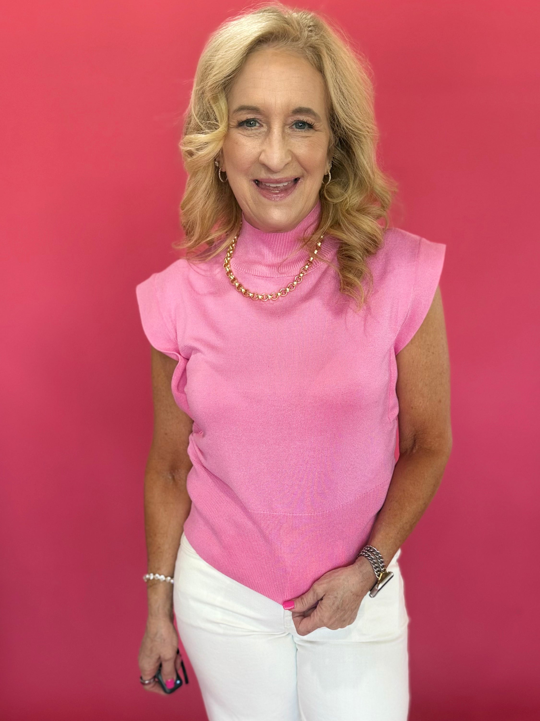 Polished Pop Mock Neck Sleeveless Knit Top in Pink - Shabby 2 Chic Boutiques
