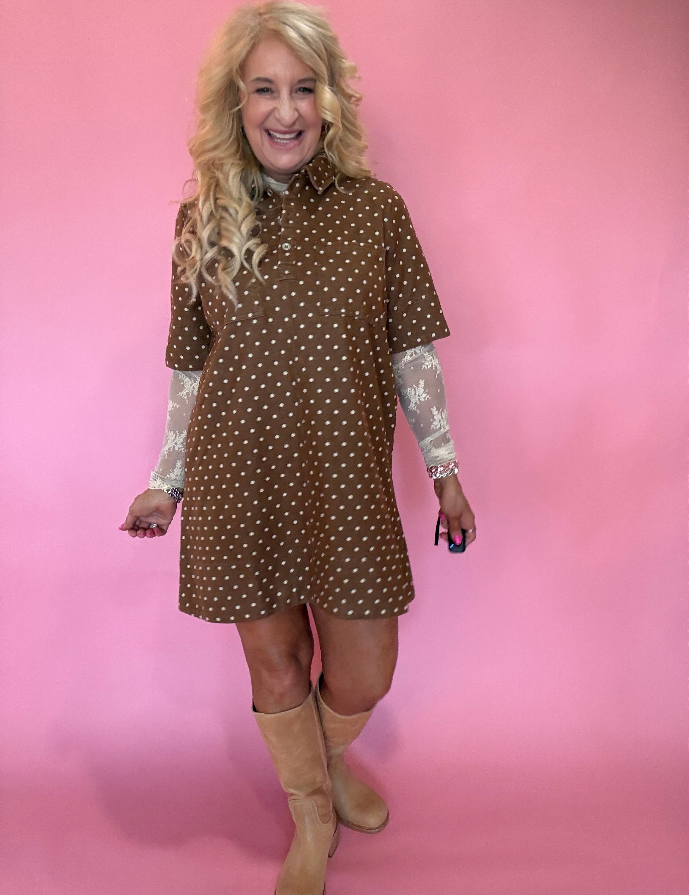 Polka Dot Denim Shirt Dress in Rust