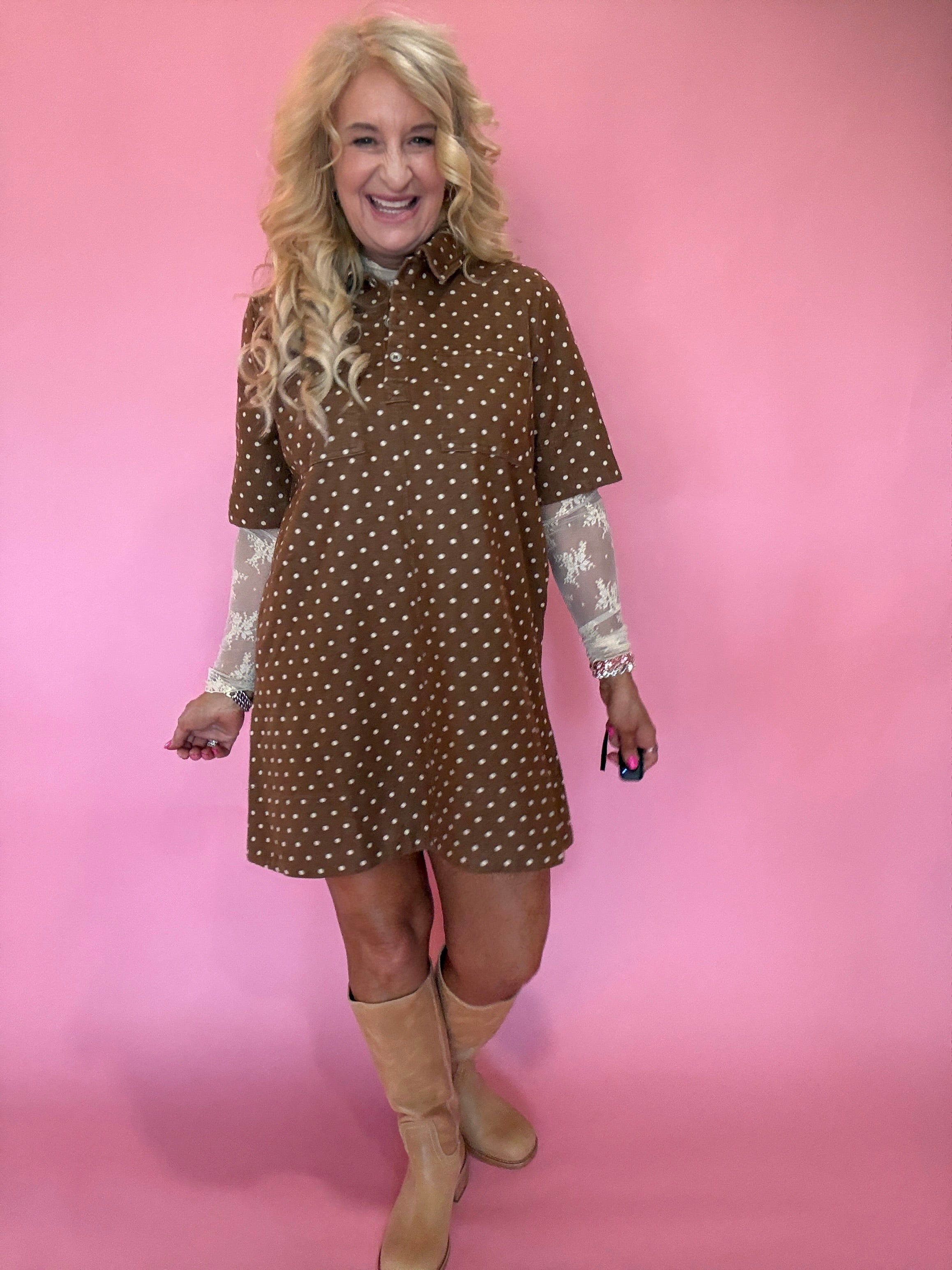 Polka Dot Denim Shirt Dress in Rust