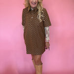 Polka Dot Denim Shirt Dress in Rust