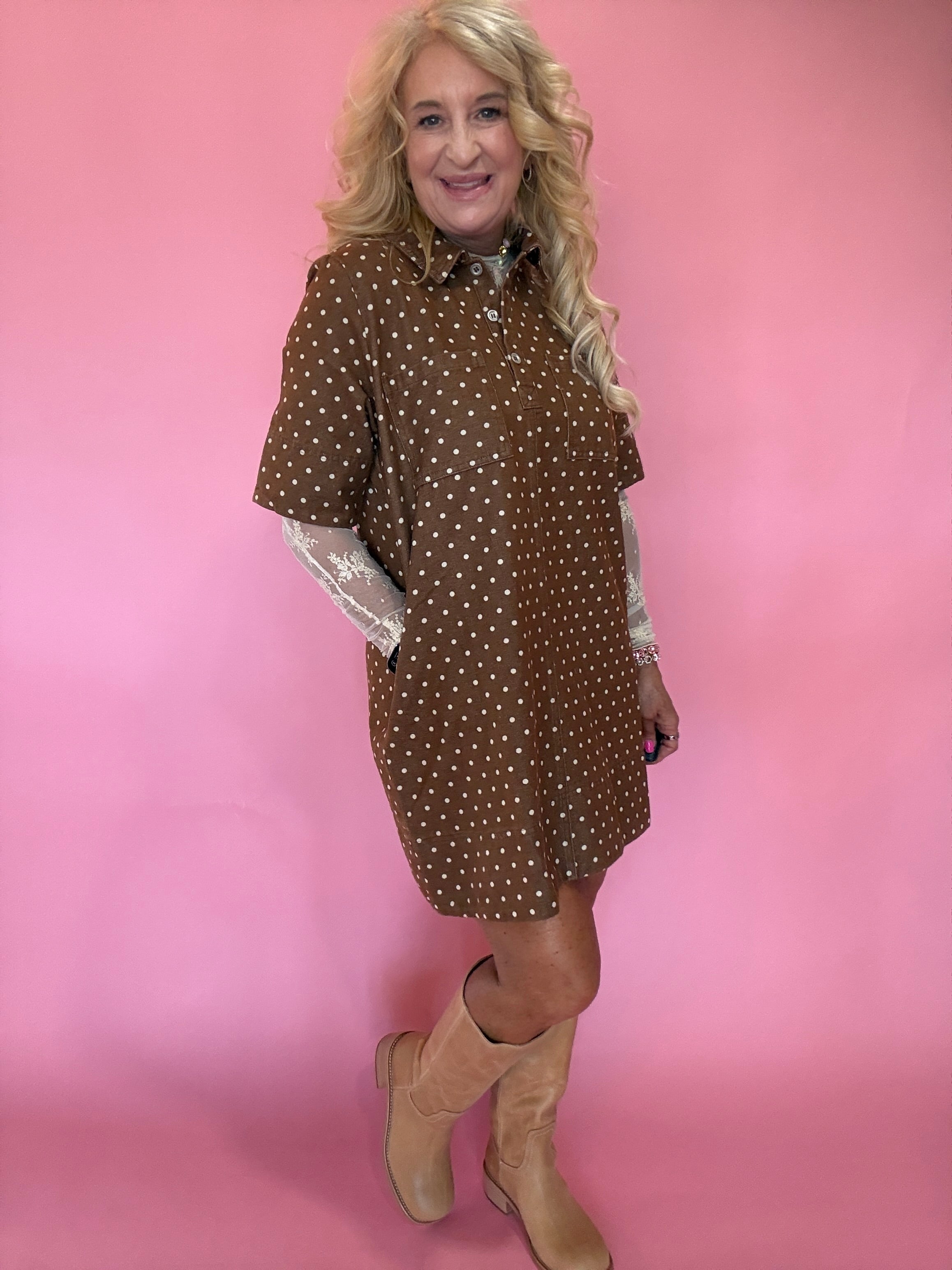 Polka Dot Denim Shirt Dress in Rust
