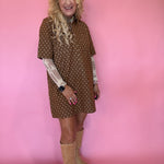 Polka Dot Denim Shirt Dress in Rust