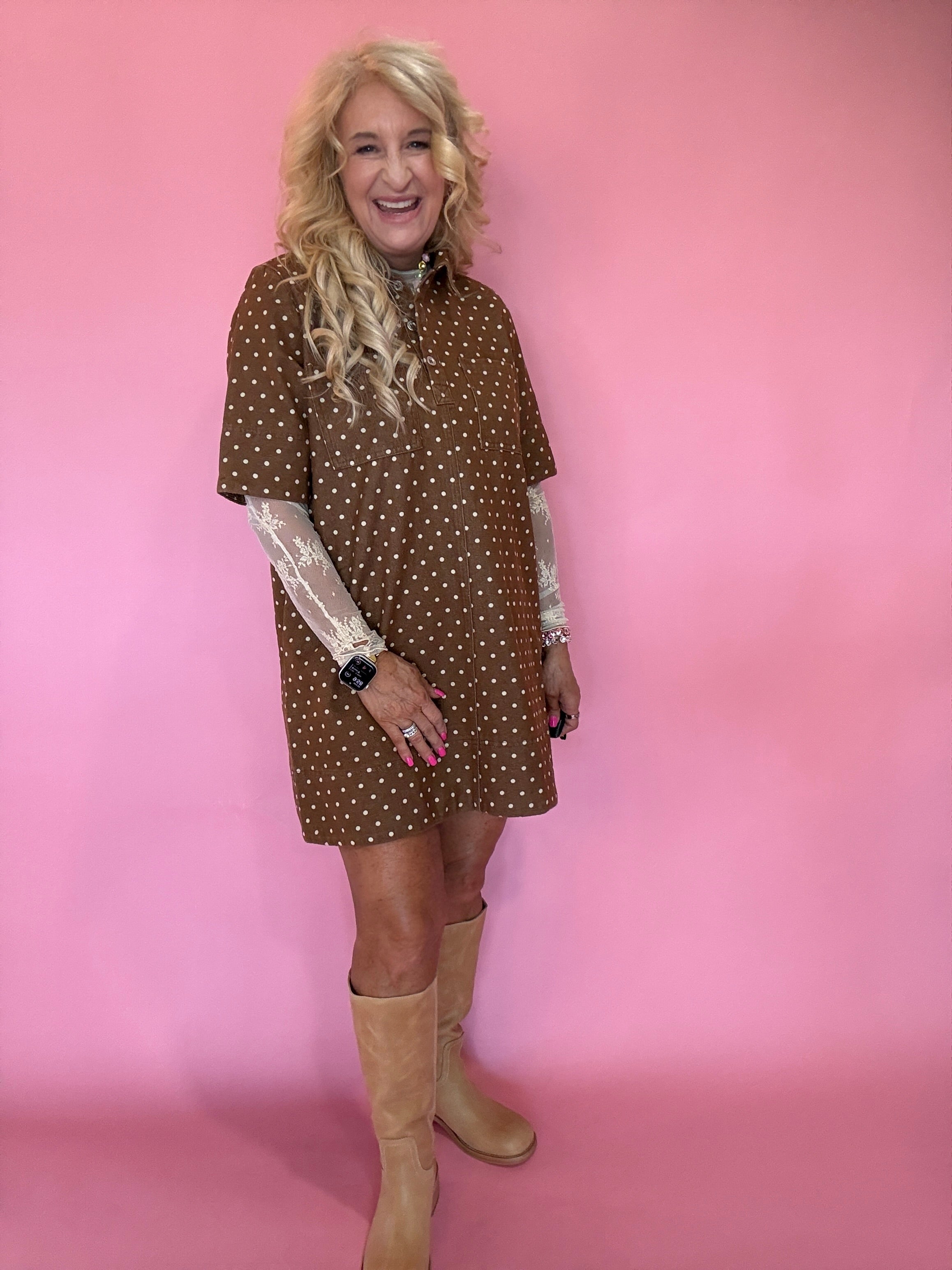 Polka Dot Denim Shirt Dress in Rust