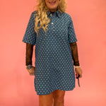 Polka Dot Denim Shirt Dress in Denim Blue