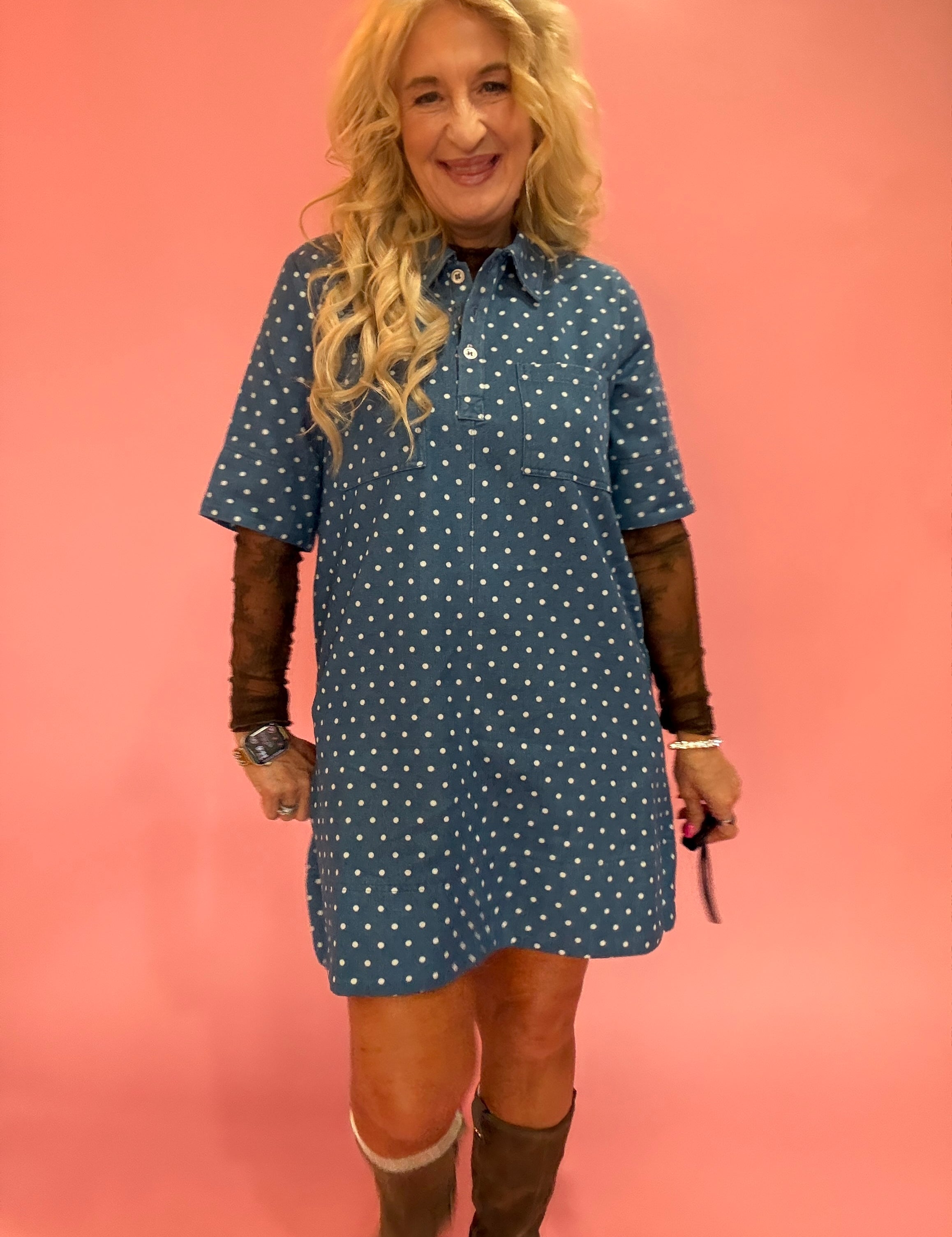 Polka Dot Denim Shirt Dress in Denim Blue