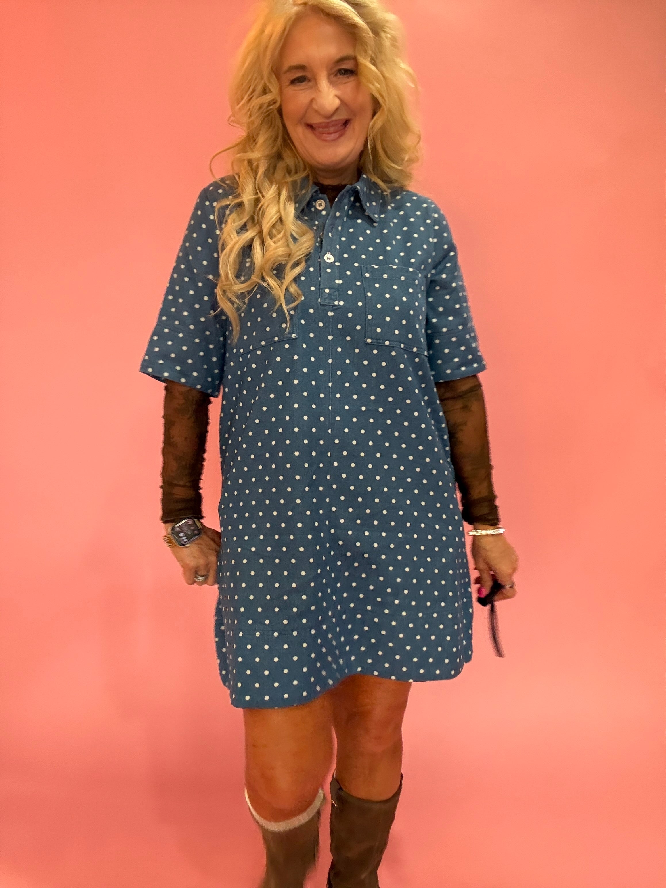 Polka Dot Denim Shirt Dress in Denim Blue
