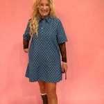 Polka Dot Denim Shirt Dress in Denim Blue