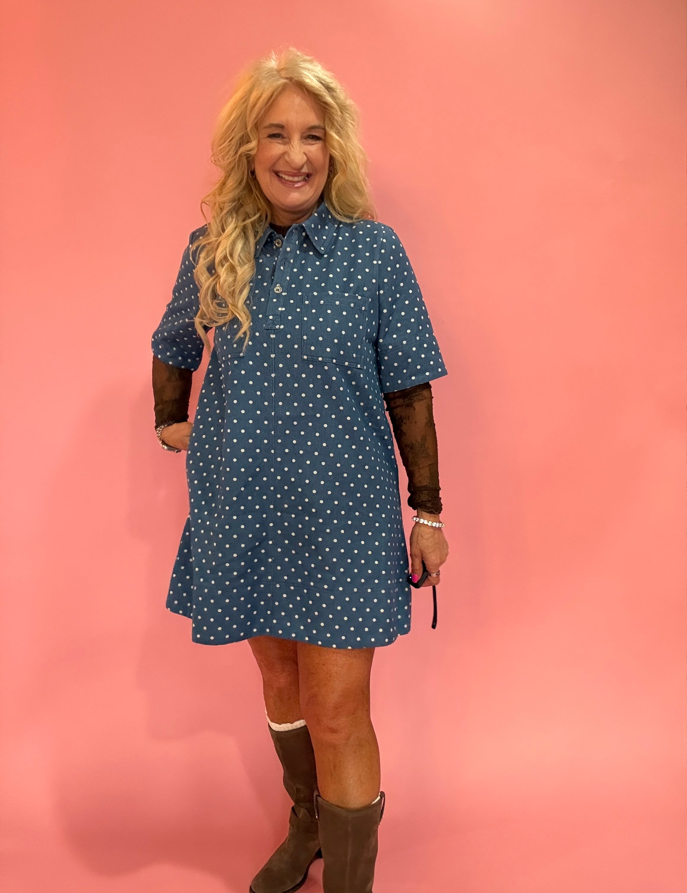 Polka Dot Denim Shirt Dress in Denim Blue