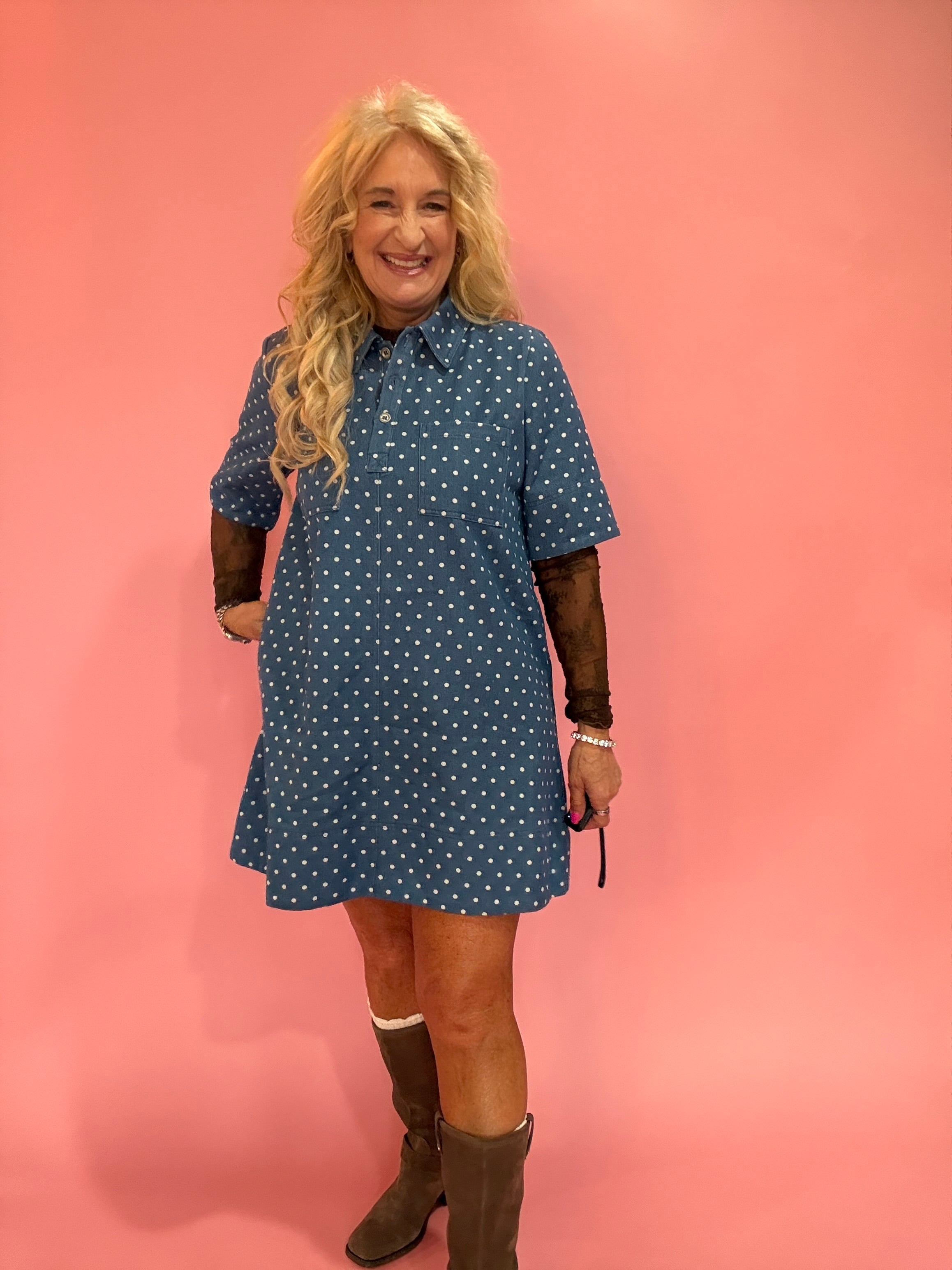 Polka Dot Denim Shirt Dress in Denim Blue