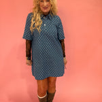 Polka Dot Denim Shirt Dress in Denim Blue