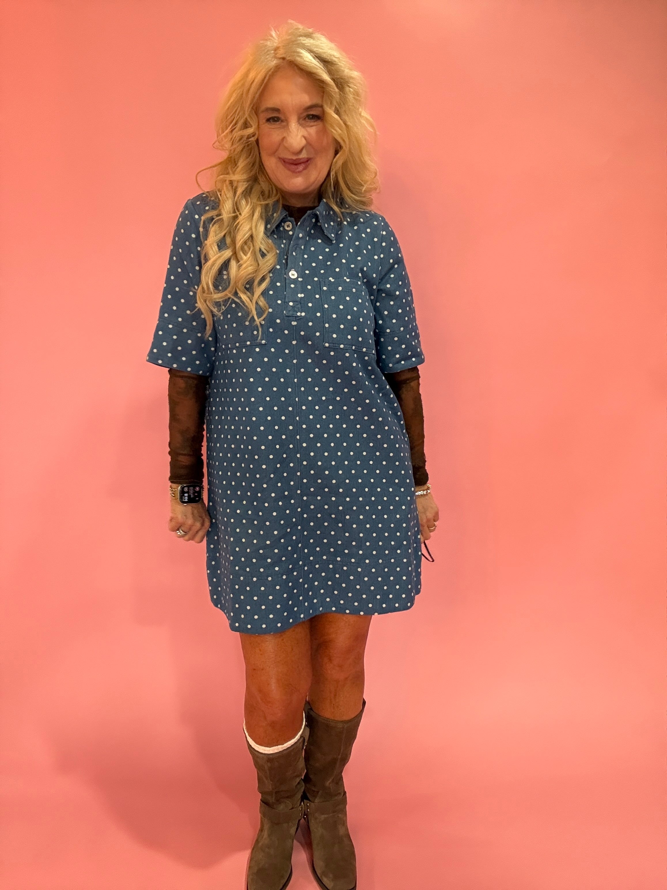 Polka Dot Denim Shirt Dress in Denim Blue