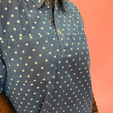 Polka Dot Denim Shirt Dress in Denim Blue
