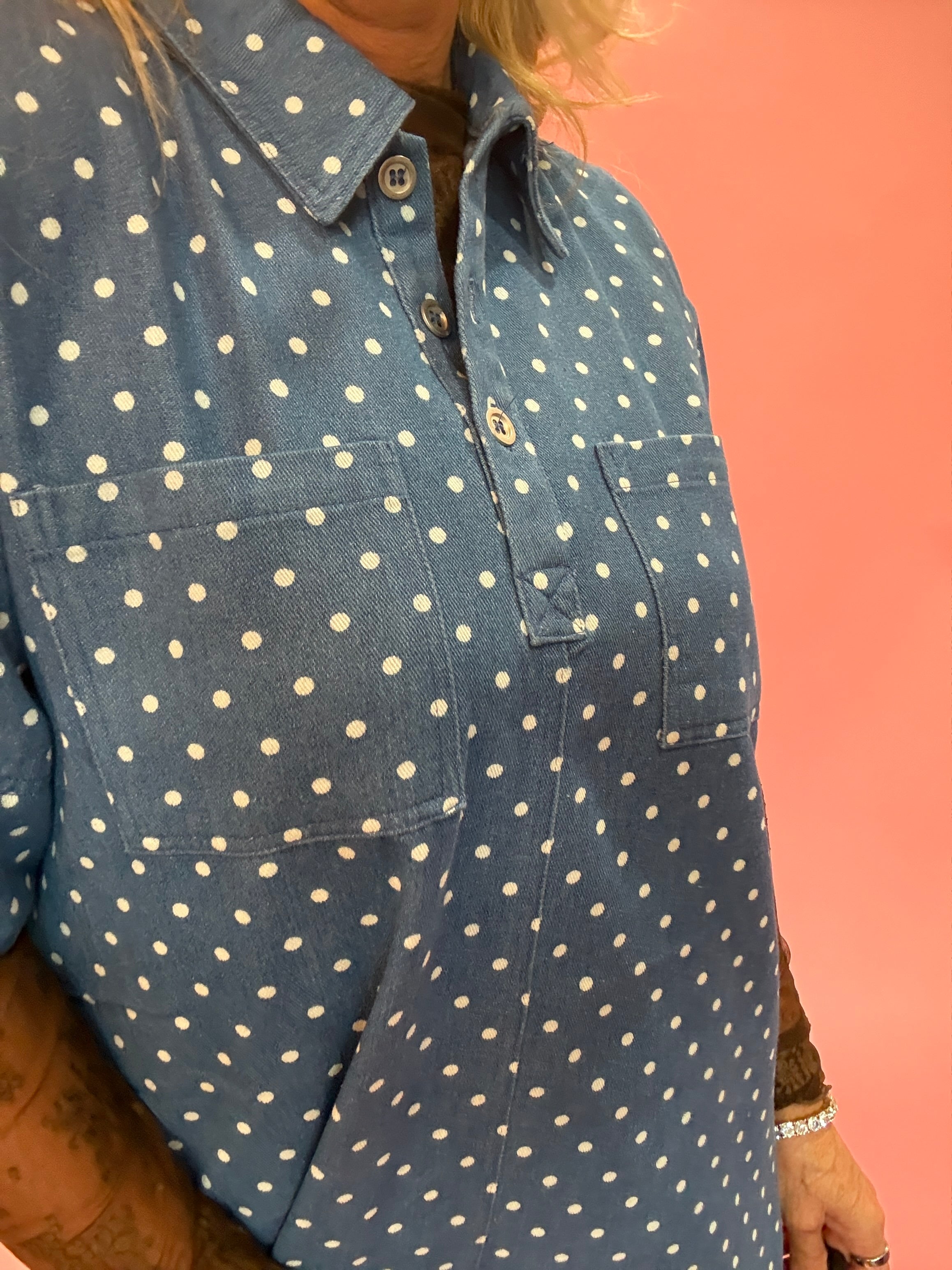 Polka Dot Denim Shirt Dress in Denim Blue