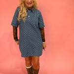 Polka Dot Denim Shirt Dress in Denim Blue