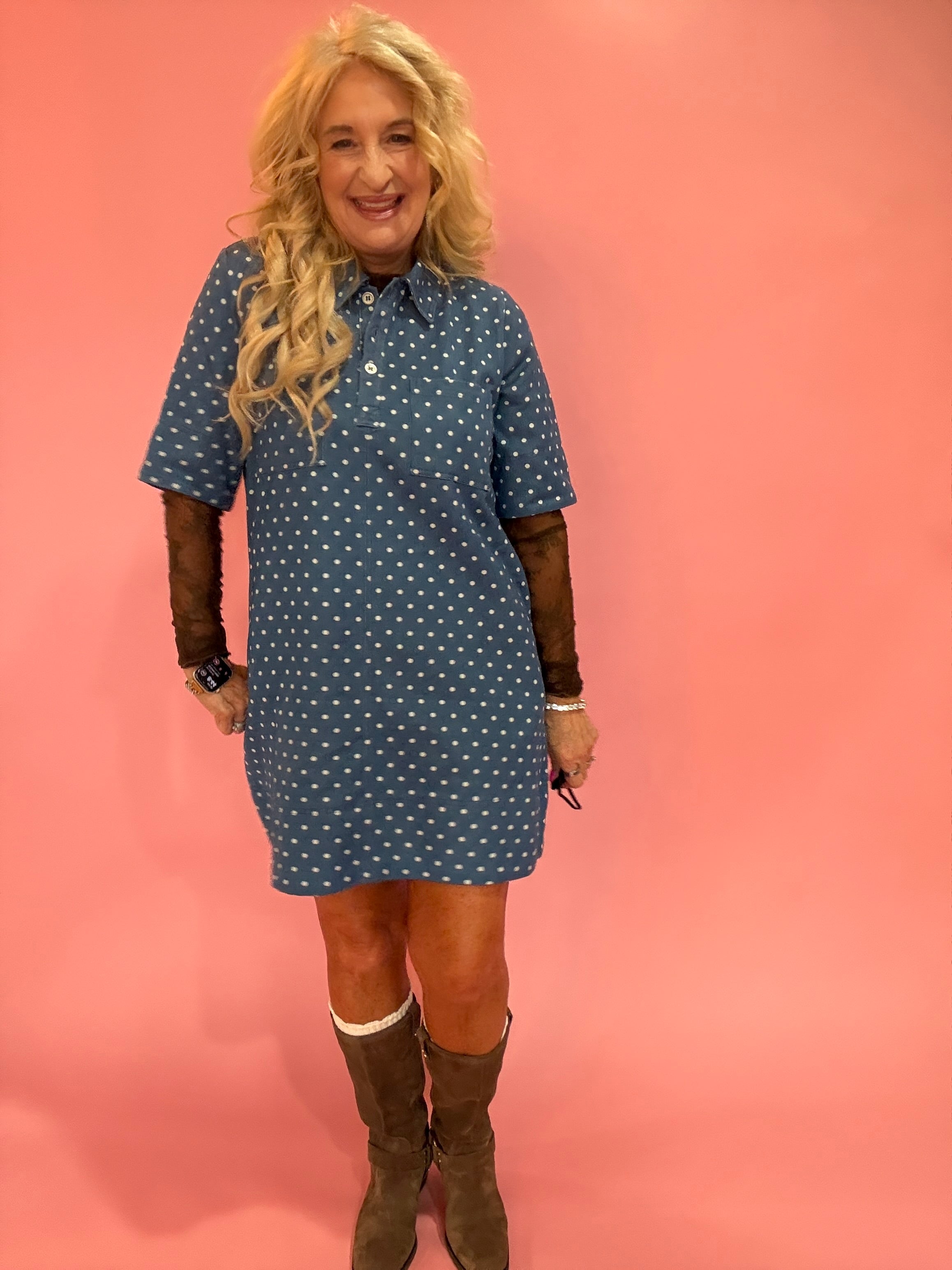 Polka Dot Denim Shirt Dress in Denim Blue