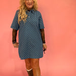 Polka Dot Denim Shirt Dress in Denim Blue