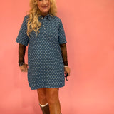 Polka Dot Denim Shirt Dress in Denim Blue