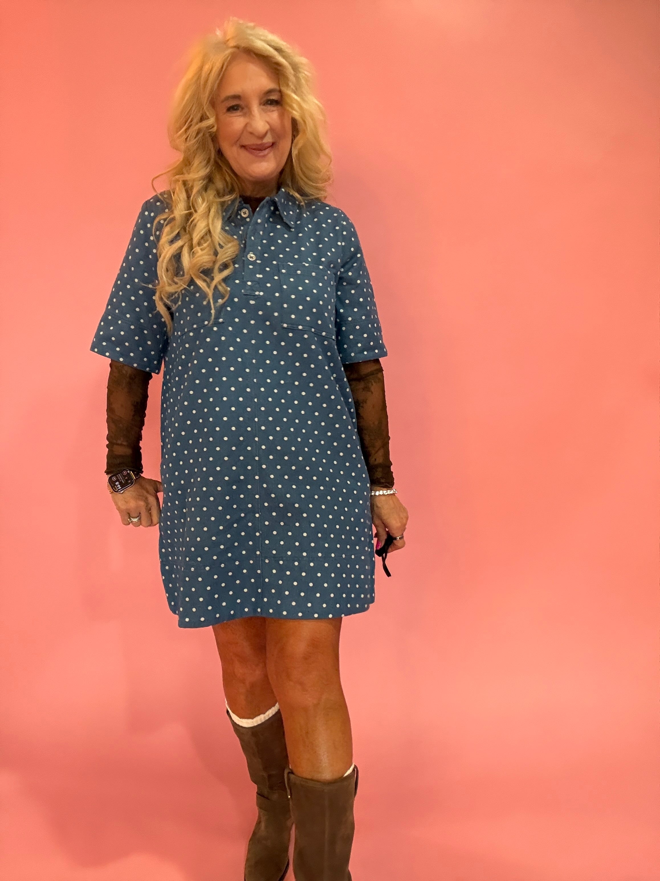 Polka Dot Denim Shirt Dress in Denim Blue