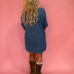 Polka Dot Denim Shirt Dress in Denim Blue