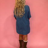 Polka Dot Denim Shirt Dress in Denim Blue