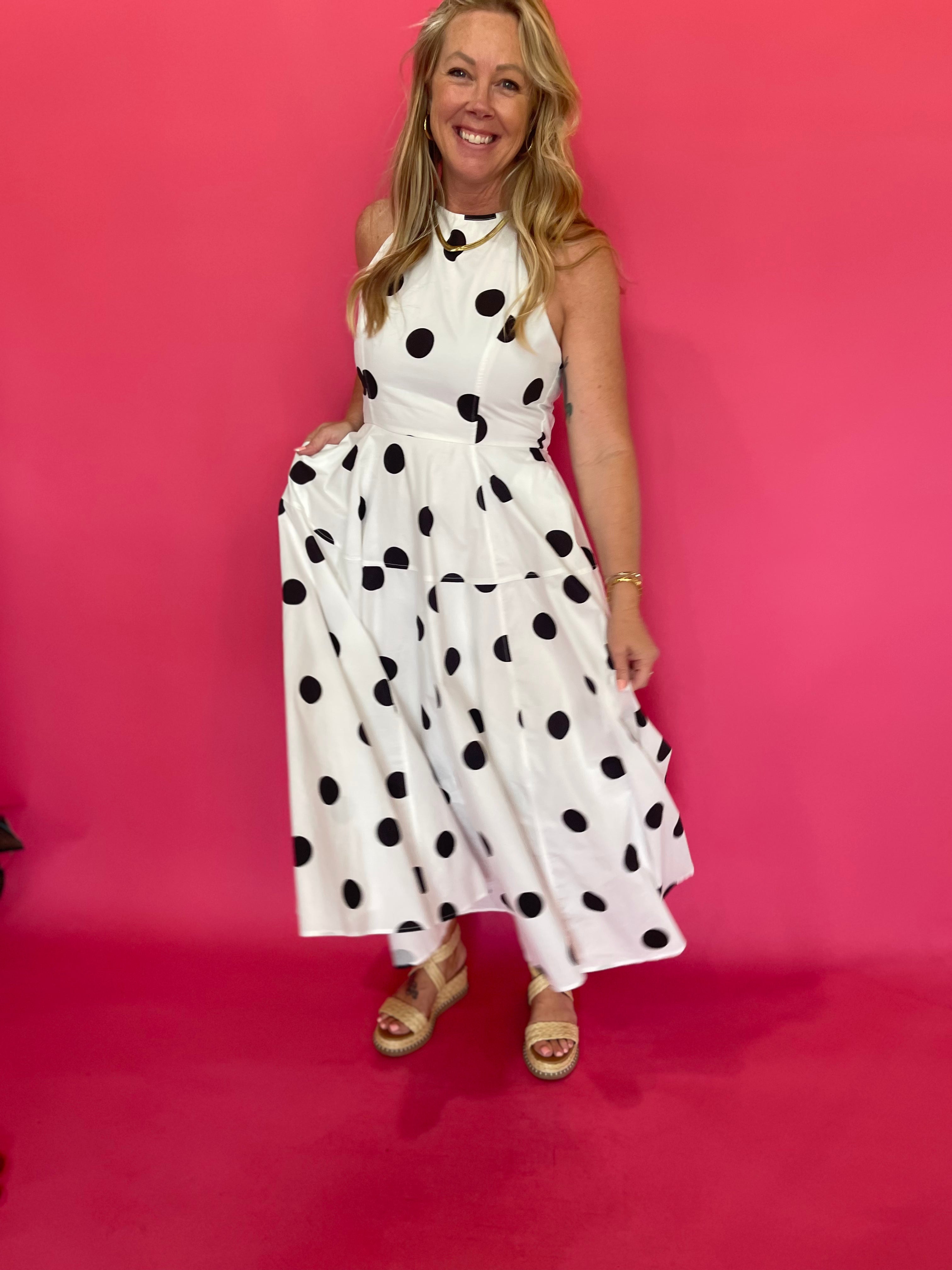 Polka Dot Halter Cotton Maxi Dress Smocked Back