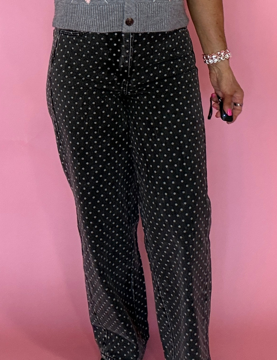 Polka Dot High Rise Wide Leg Jeans in Washed Grey
