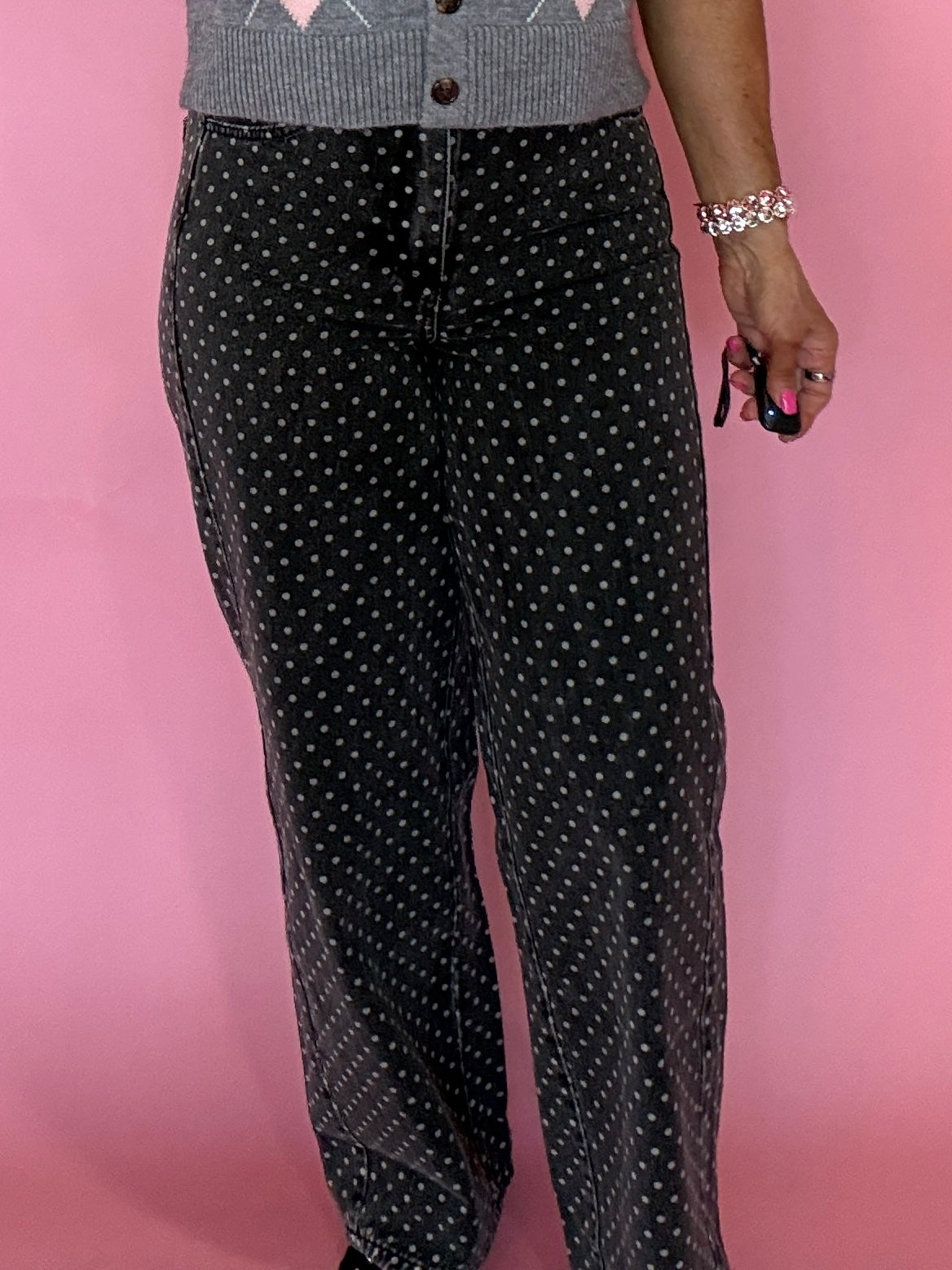 Polka Dot High Rise Wide Leg Jeans in Washed Grey