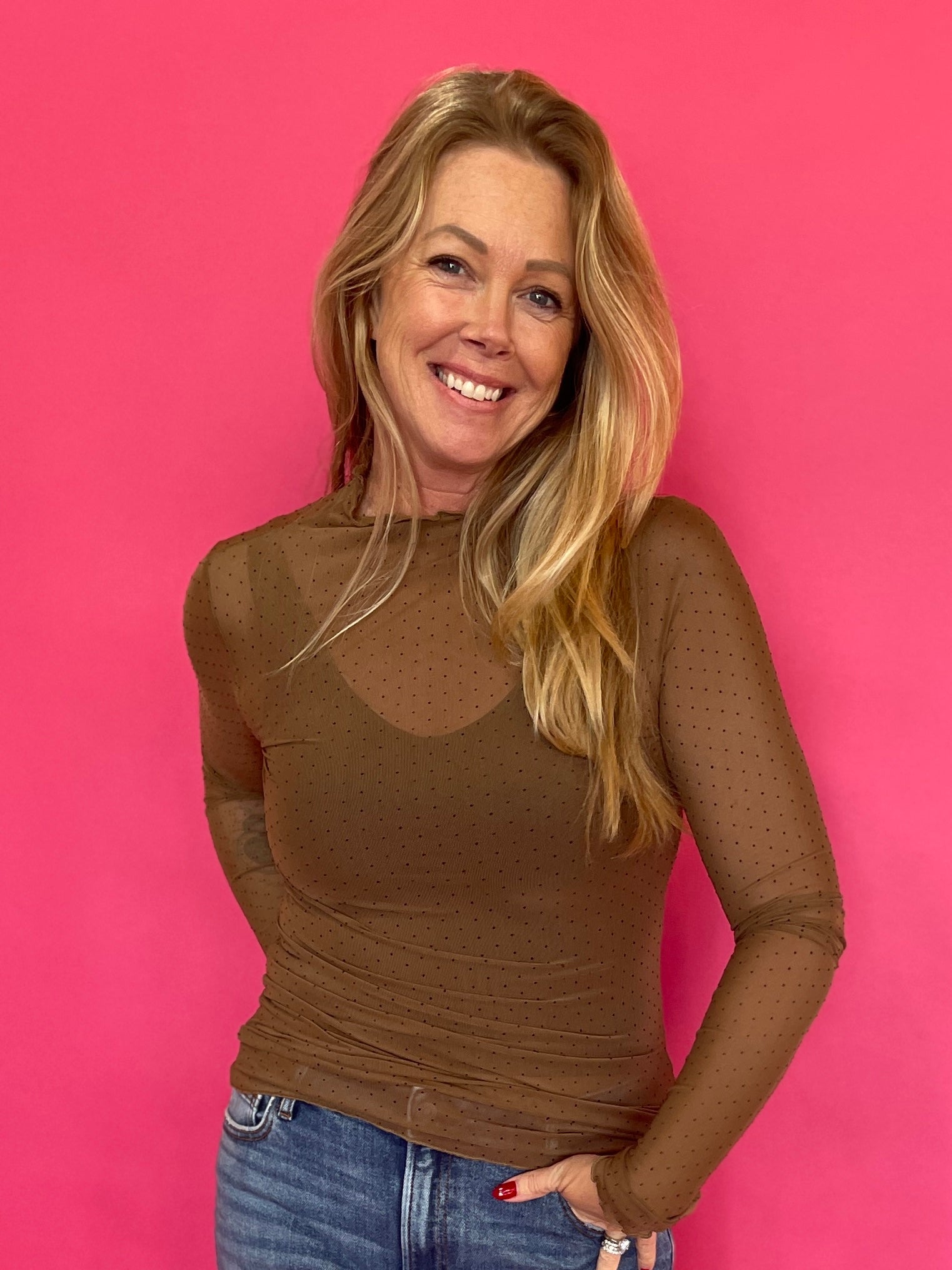 Polka Dot Mesh Long Sleeve Top