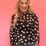 Polka Dot Mesh Long Sleeve Top in Brown
