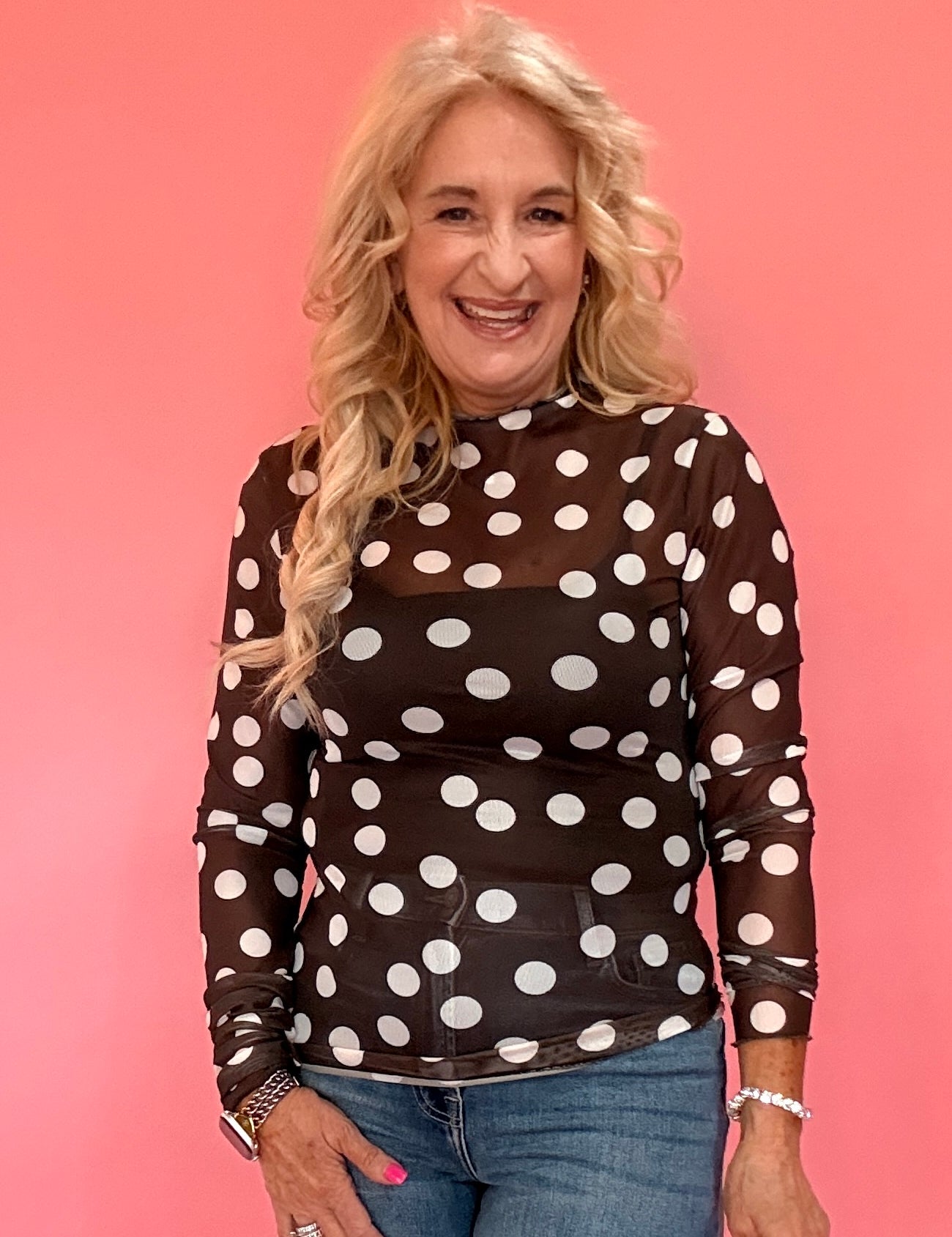 Polka Dot Mesh Long Sleeve Top in Brown