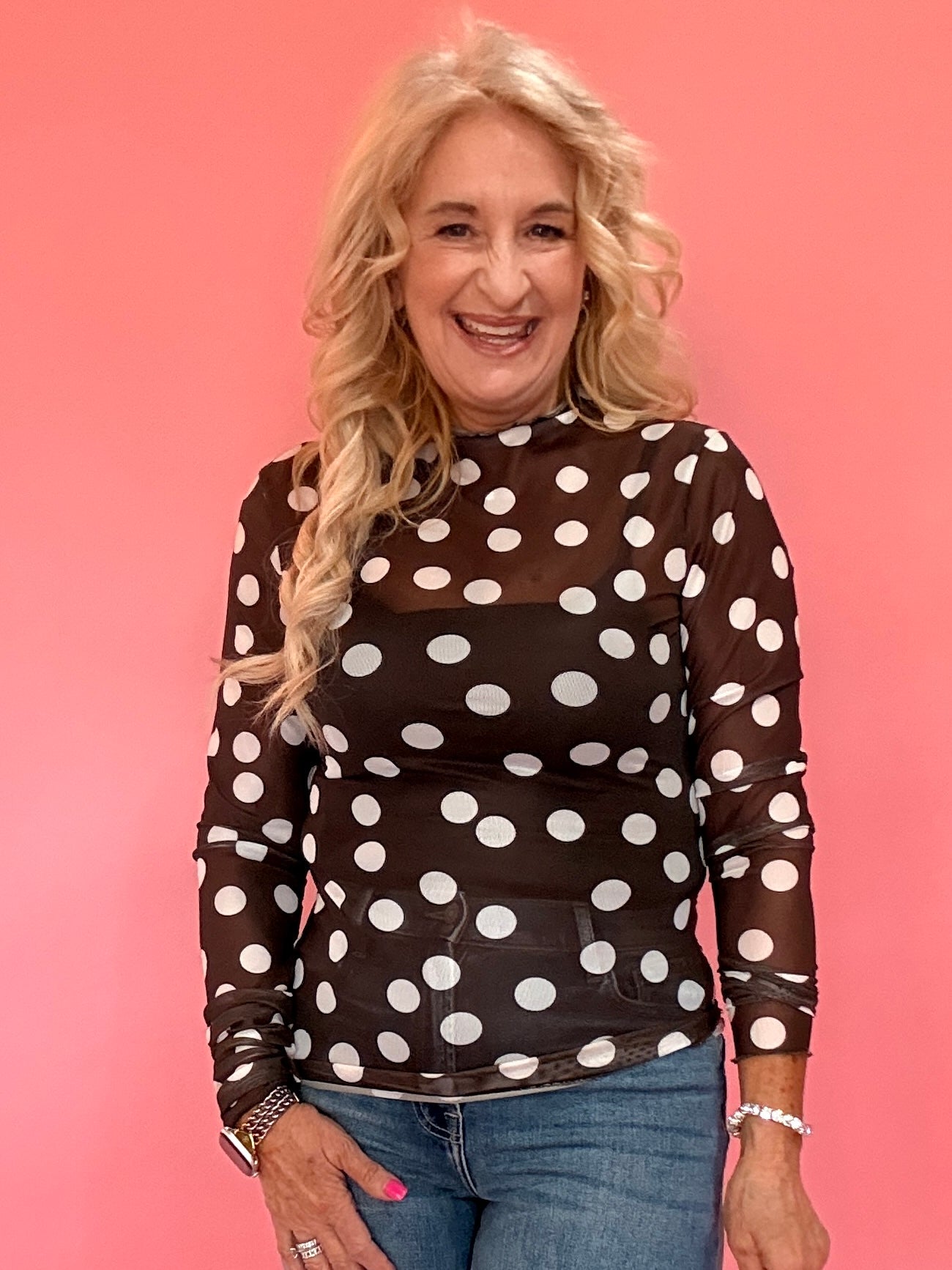 Polka Dot Mesh Long Sleeve Top in Brown