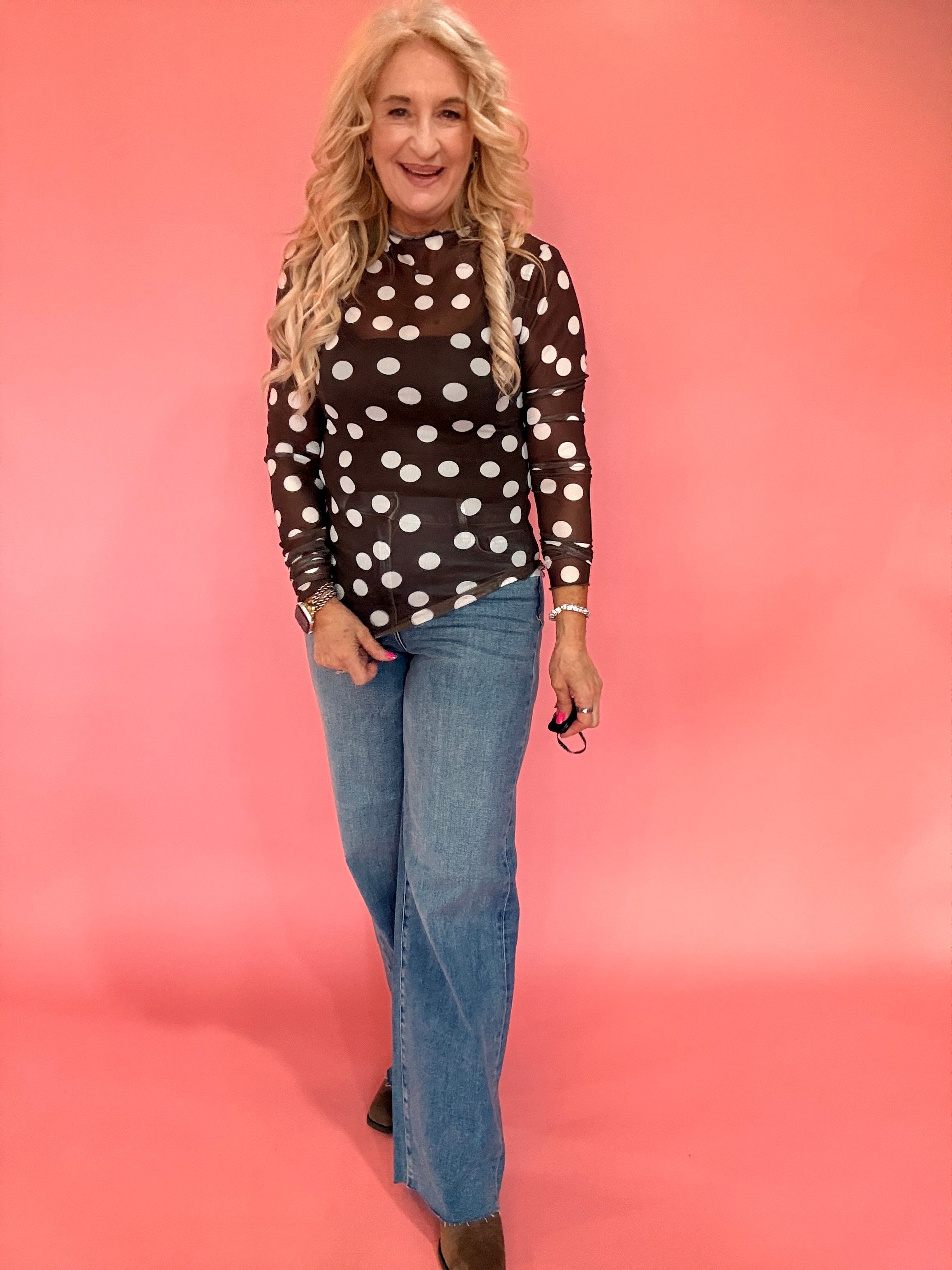 Polka Dot Mesh Long Sleeve Top in Brown