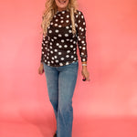 Polka Dot Mesh Long Sleeve Top in Brown