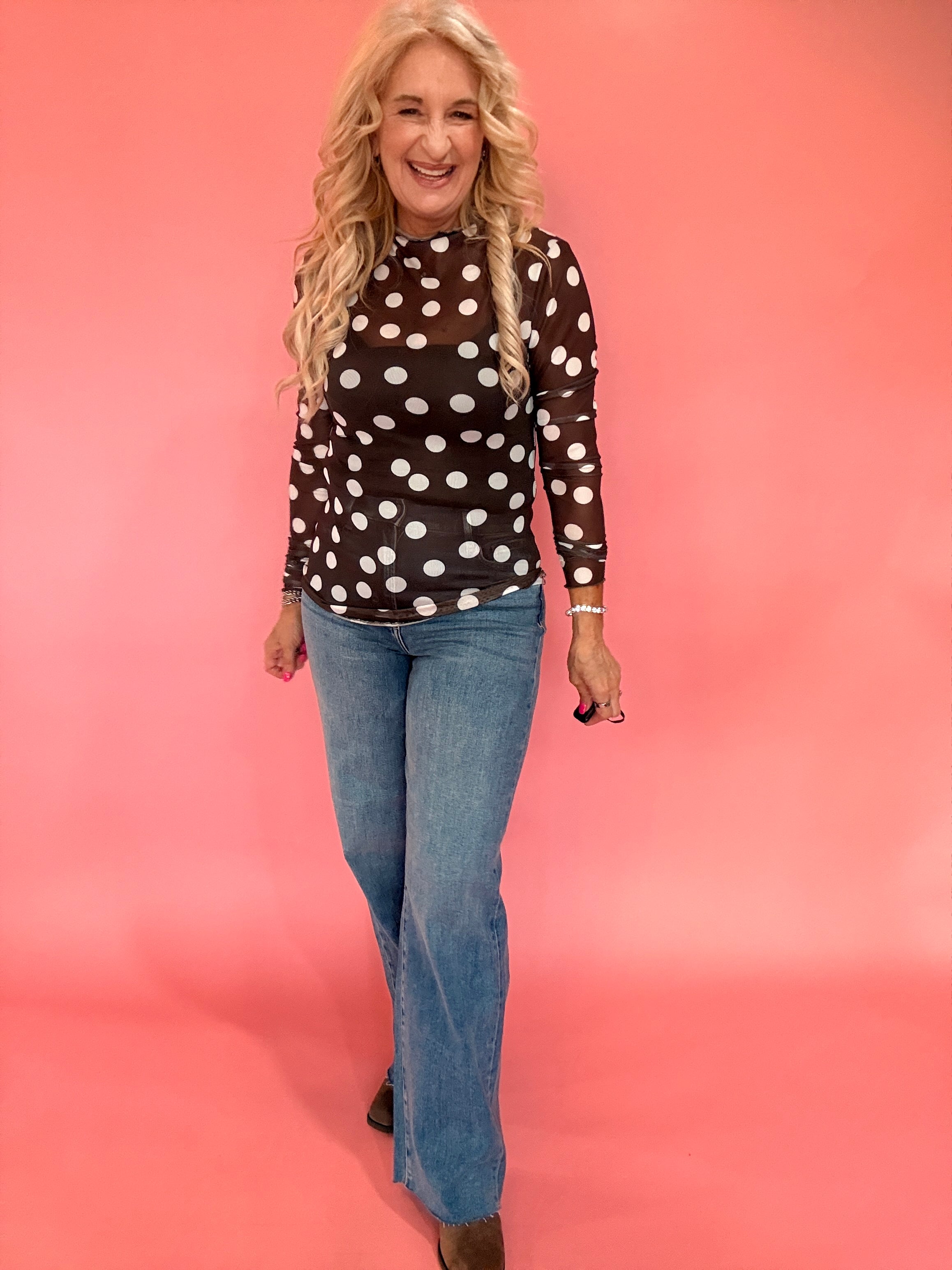 Polka Dot Mesh Long Sleeve Top in Brown