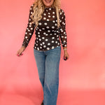 Polka Dot Mesh Long Sleeve Top in Brown
