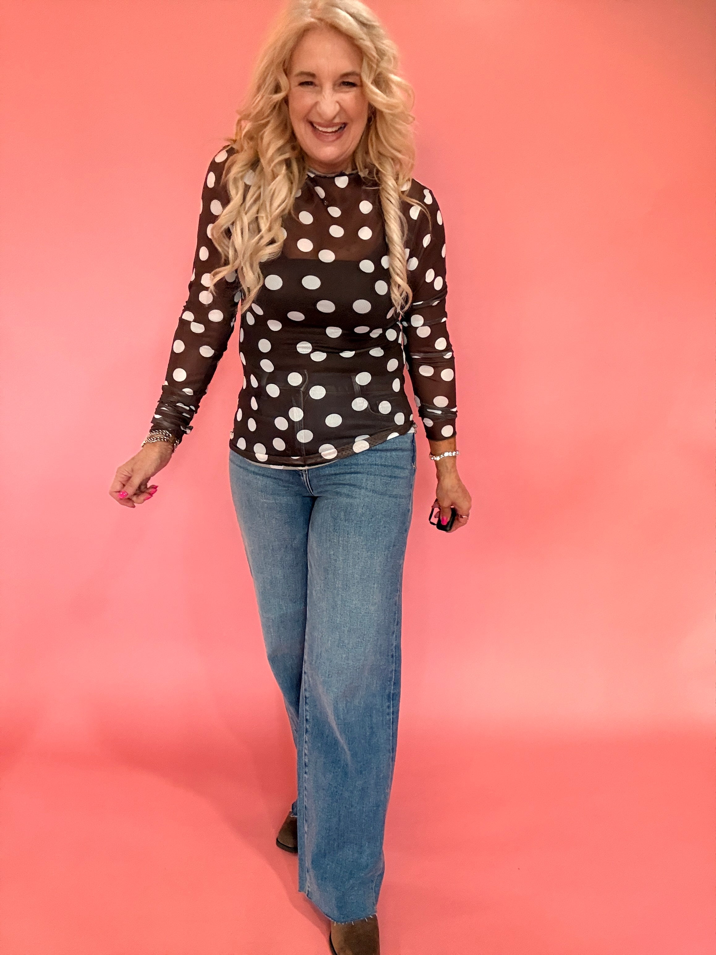 Polka Dot Mesh Long Sleeve Top in Brown