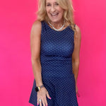 Polka Dot Print A-Line Mini Dress with Drop Waist in Navy