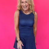Polka Dot Print A-Line Mini Dress with Drop Waist in Navy