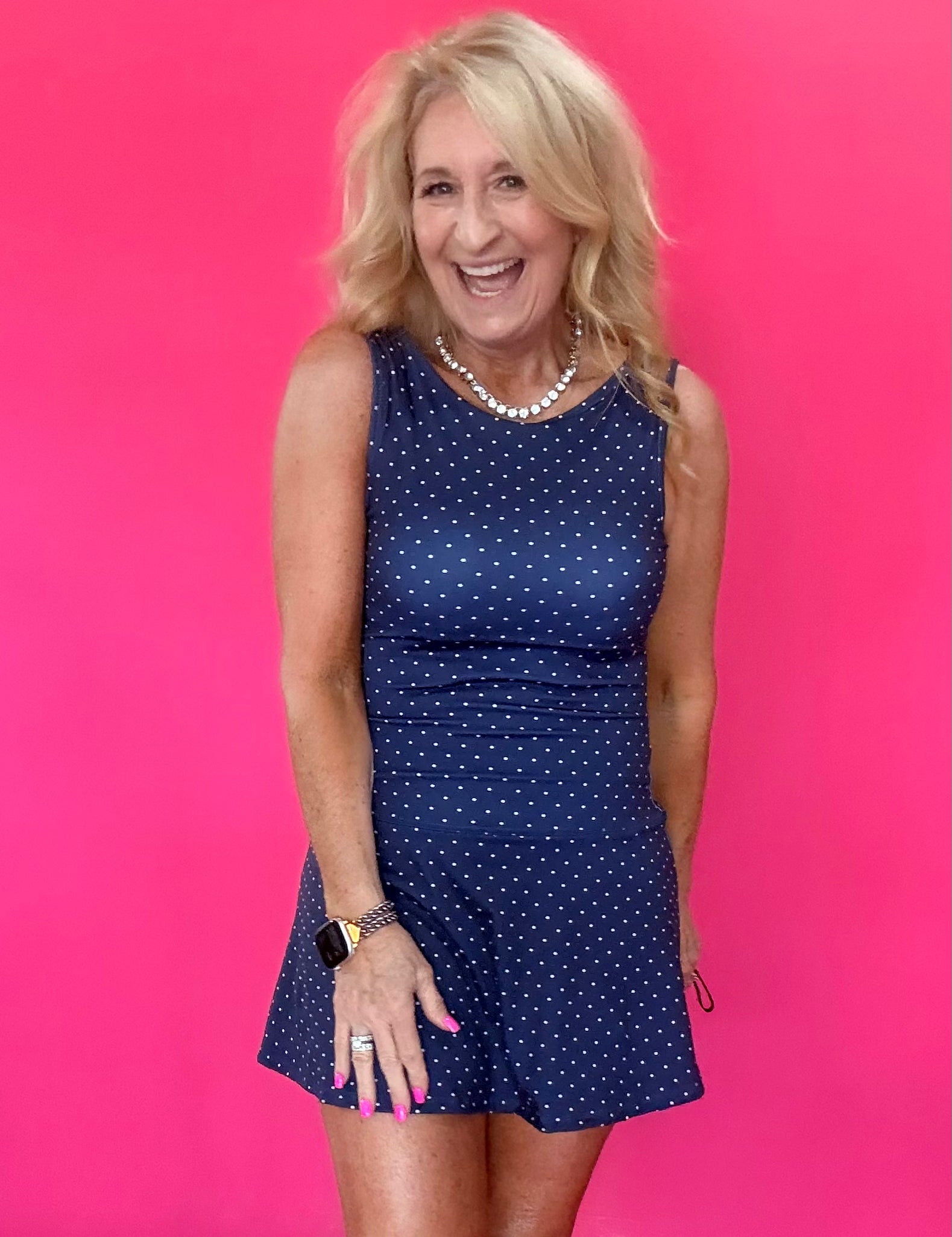 Polka Dot Print A-Line Mini Dress with Drop Waist in Navy