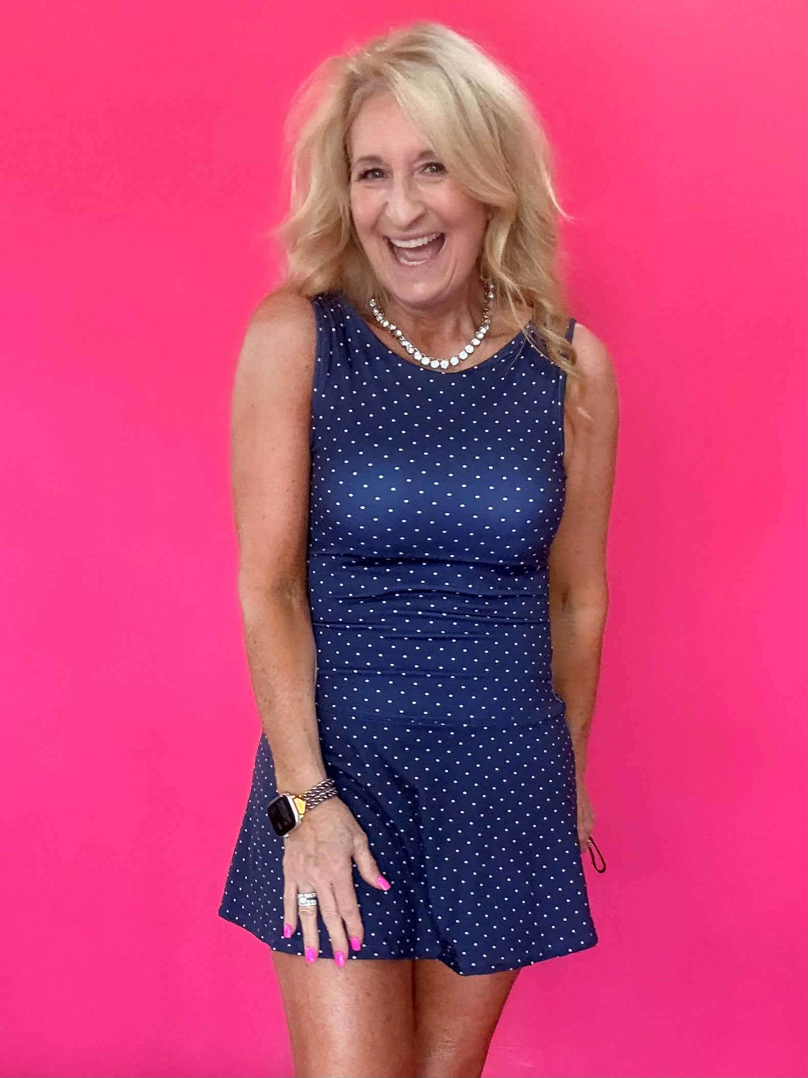 Polka Dot Print A-Line Mini Dress with Drop Waist in Navy