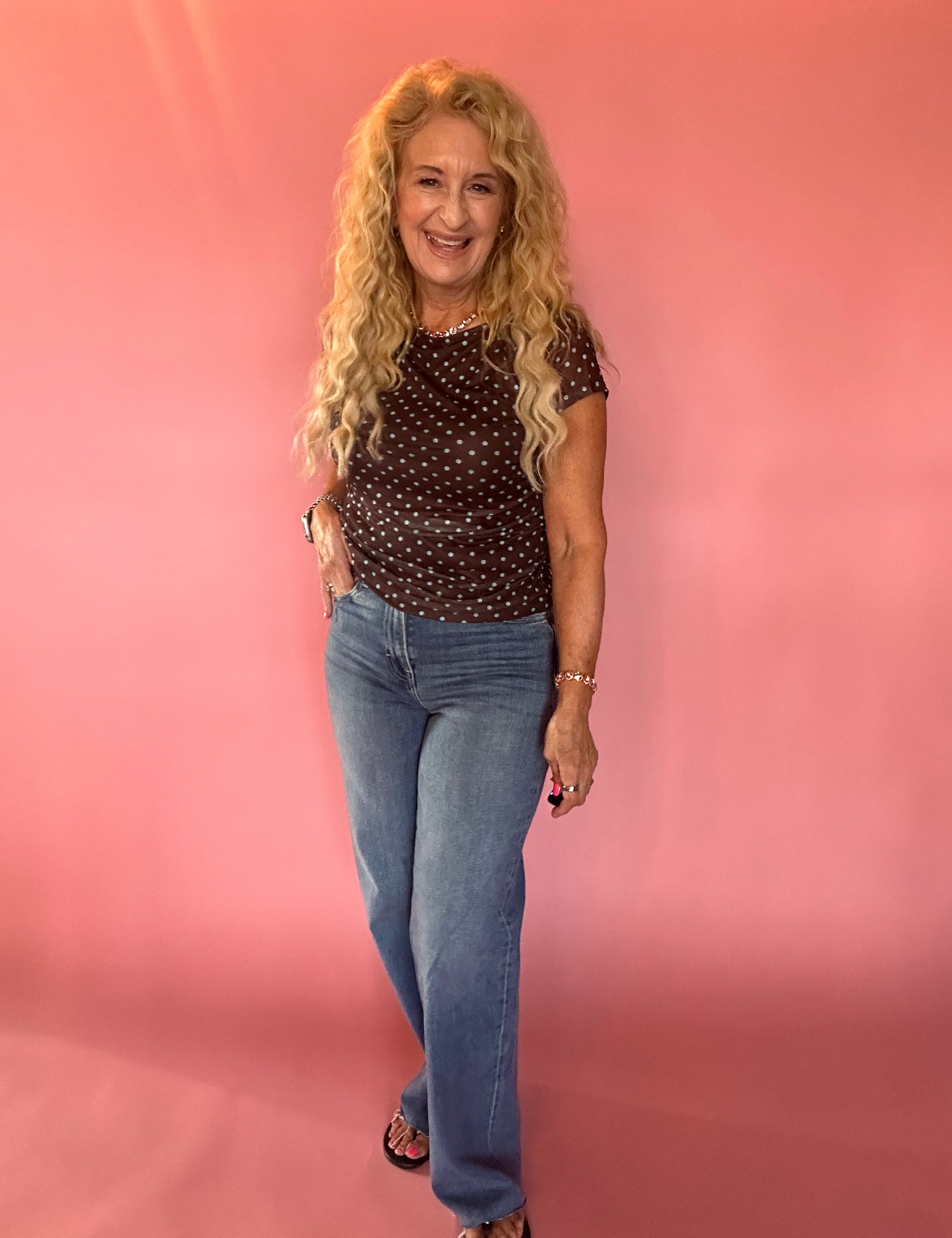 Polka Dot Ruched Mesh Top in Mint Chocolate