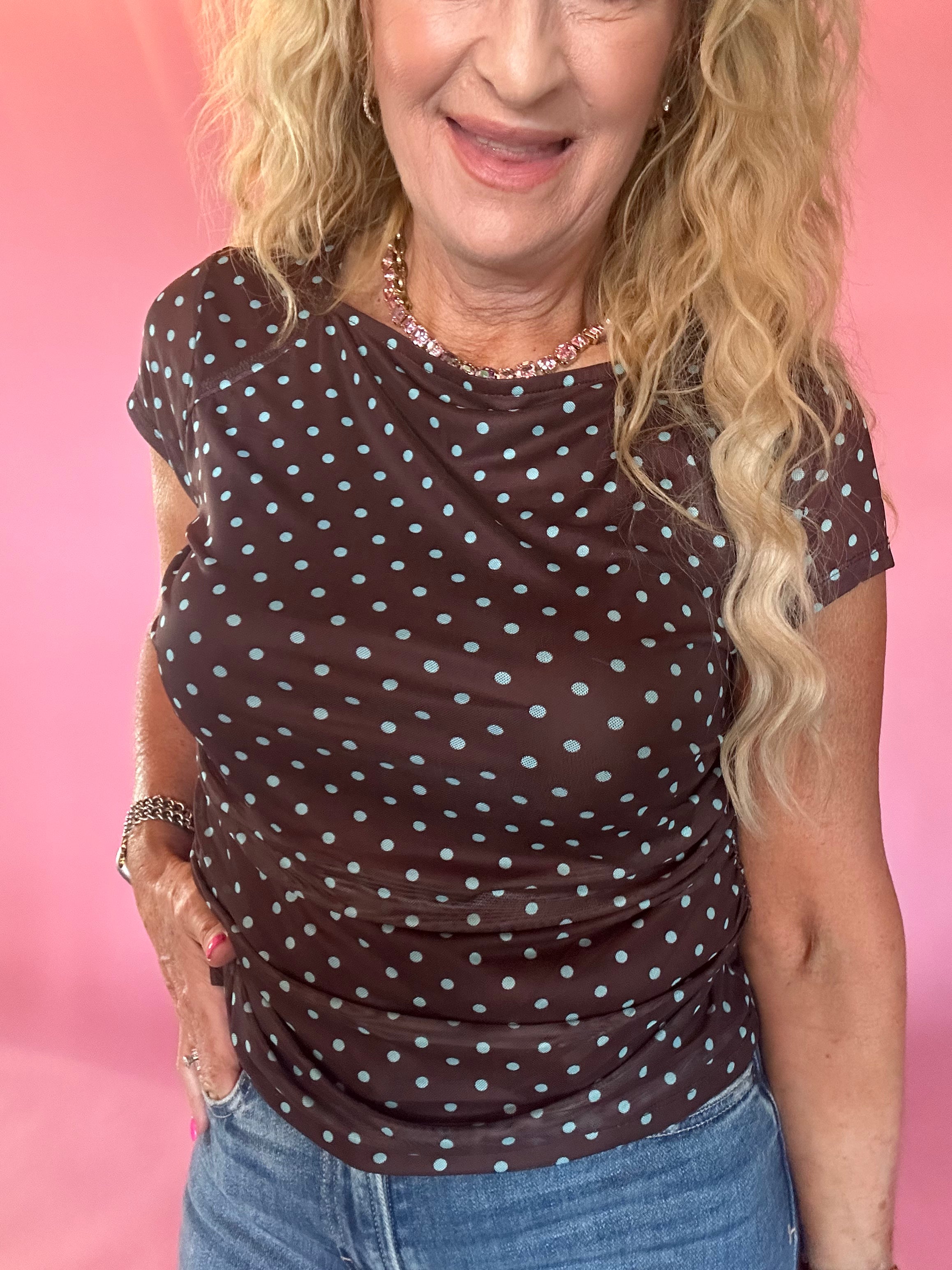 Polka Dot Ruched Mesh Top in Mint Chocolate