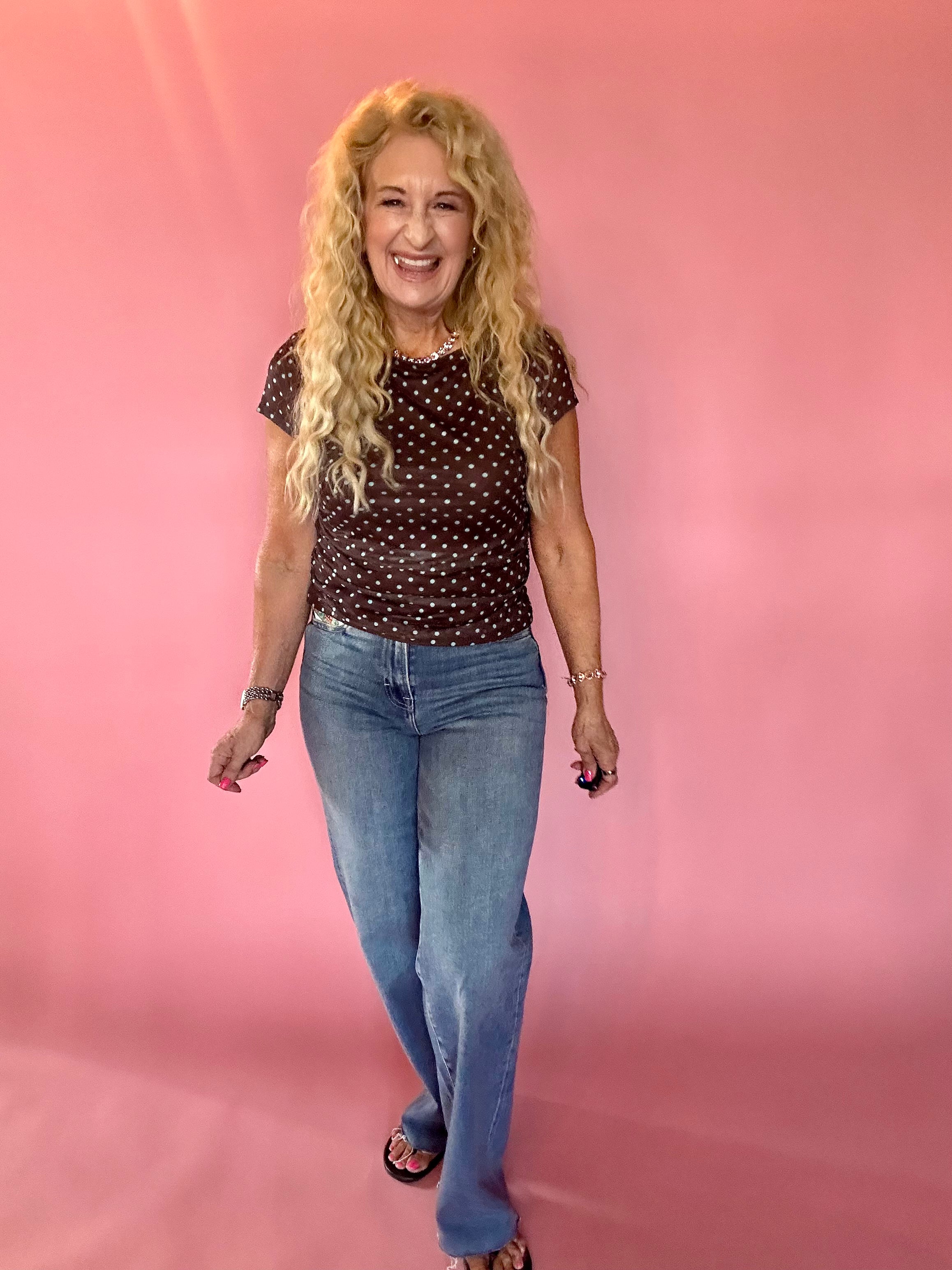 Polka Dot Ruched Mesh Top in Mint Chocolate