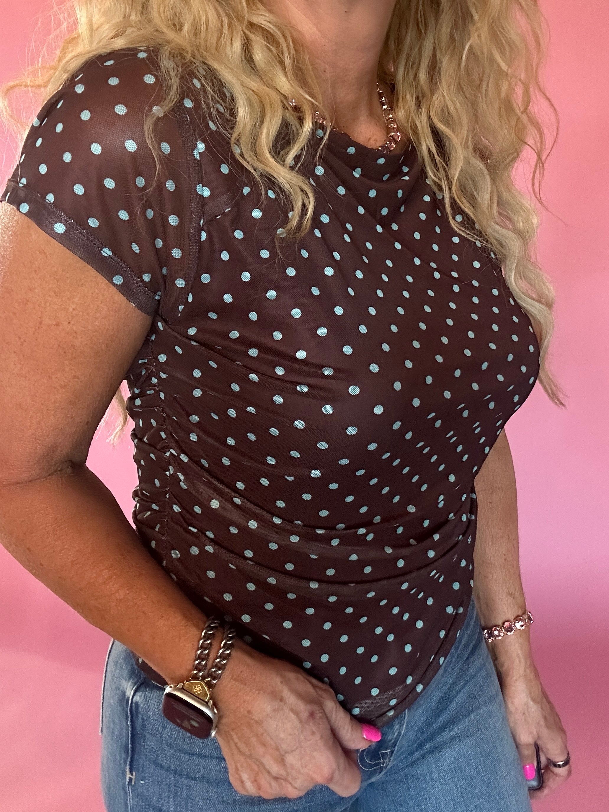 Polka Dot Ruched Mesh Top in Mint Chocolate