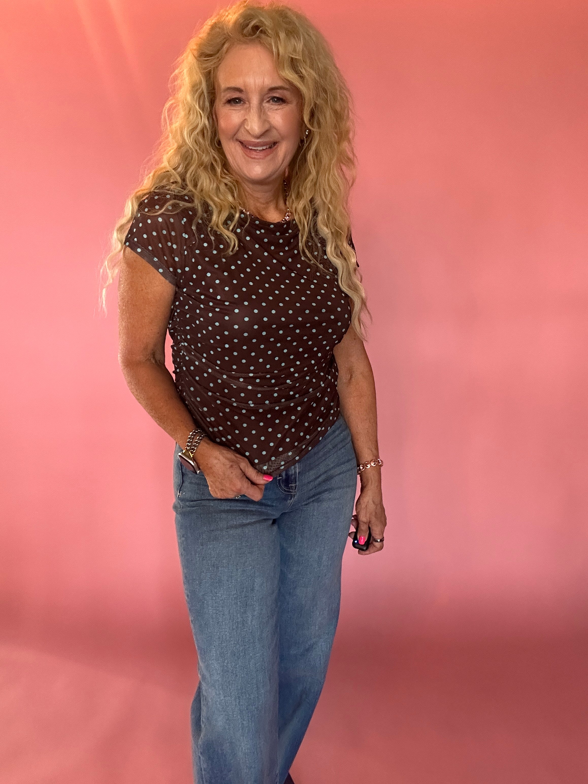 Polka Dot Ruched Mesh Top in Mint Chocolate