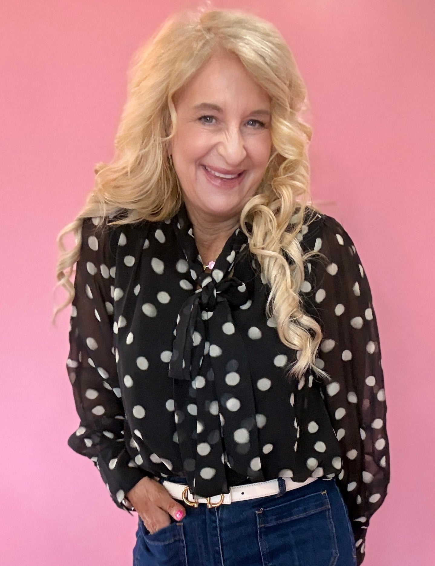 Polka Dot Scarf-Tie Neck Blouse