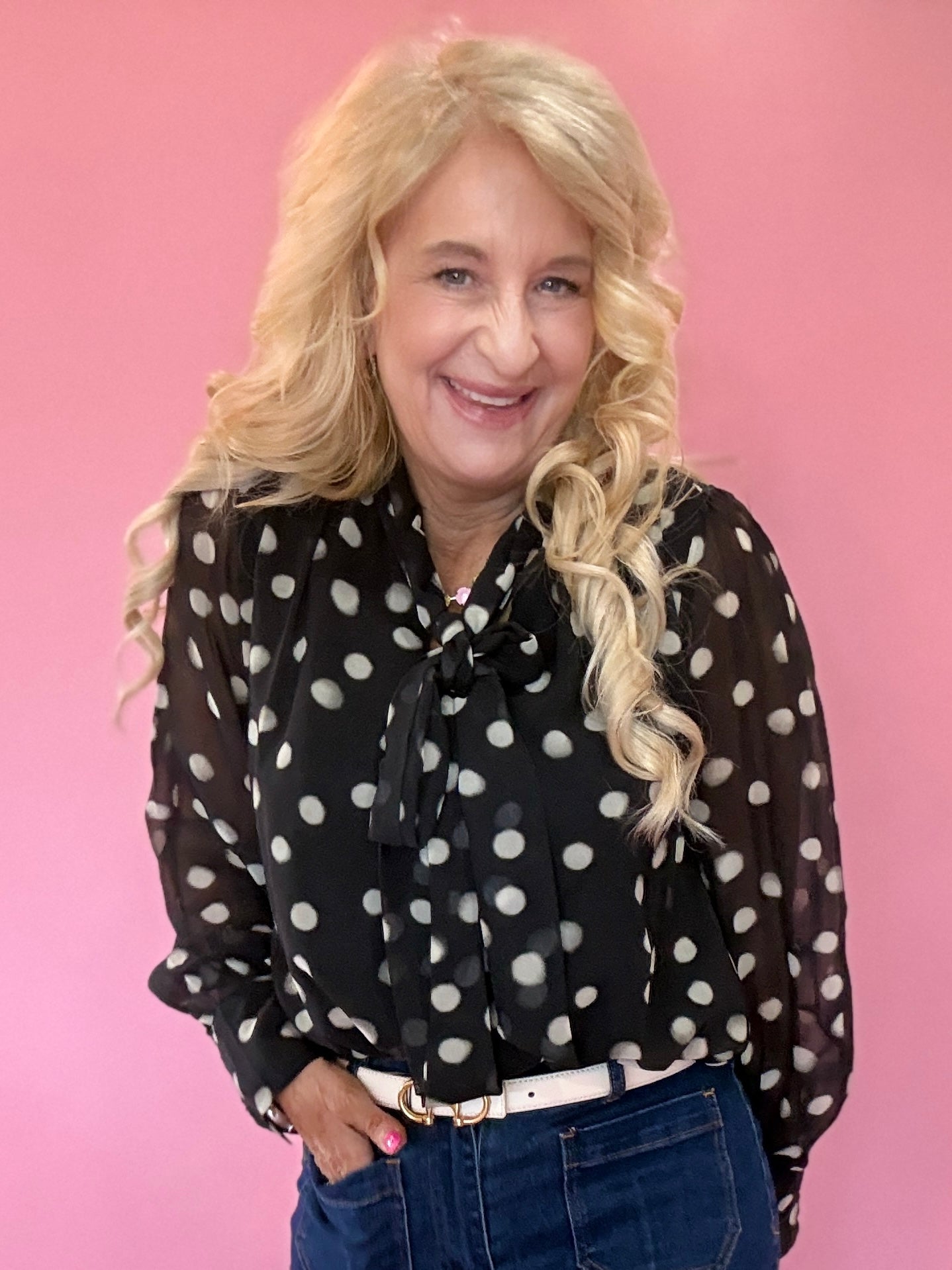 Polka Dot Scarf-Tie Neck Blouse